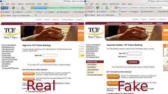 Real TCF eebsite on the left vs fake phishing site on the right